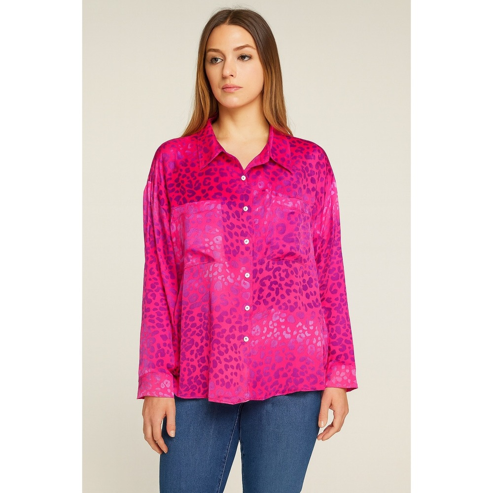 Emily Wonder Pink Animal Print Button‎ Up Long Sleeve Chest Pocket Women's L NWT